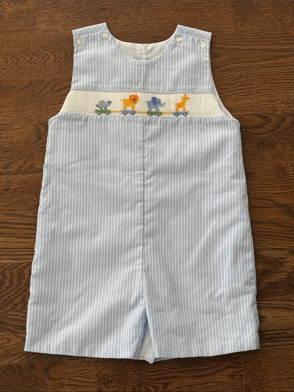 Anavini Smocked Blue Stripe Romper With Embroidered Animal Train